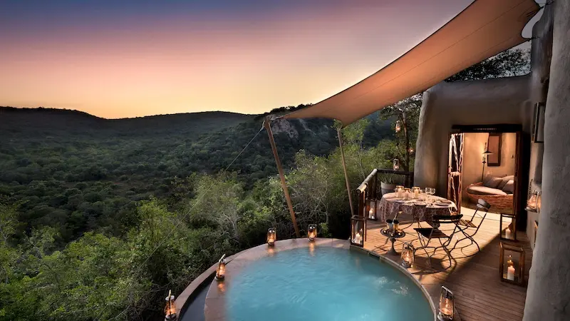 Luxurious lodging in African game park Beautiful sunset from the luxury lodging in Africa