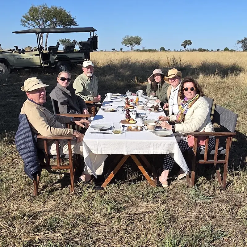 Stylish African safari lunch group A group of travelers having a lavish lunch in wild Africa